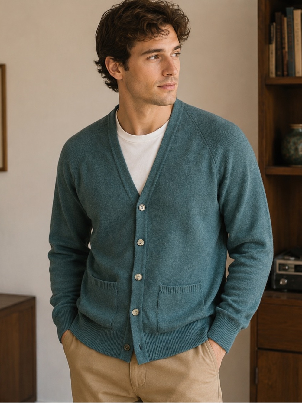 Vintage London Fog Men’s Knit Cardigan Sweater Teal preppy V-Neck Button Front
